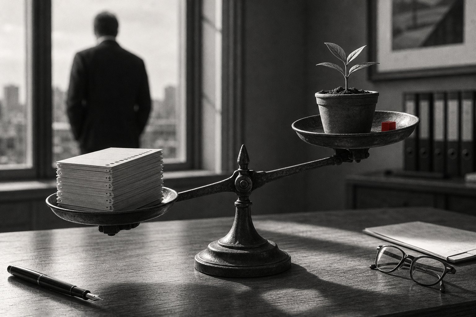 Black-and-white photo of an antique balance scale on an office desk, tipping away from a stack of punched time cards towards a potted seedling with a small red weight beside it, while a person stands at the window behind.