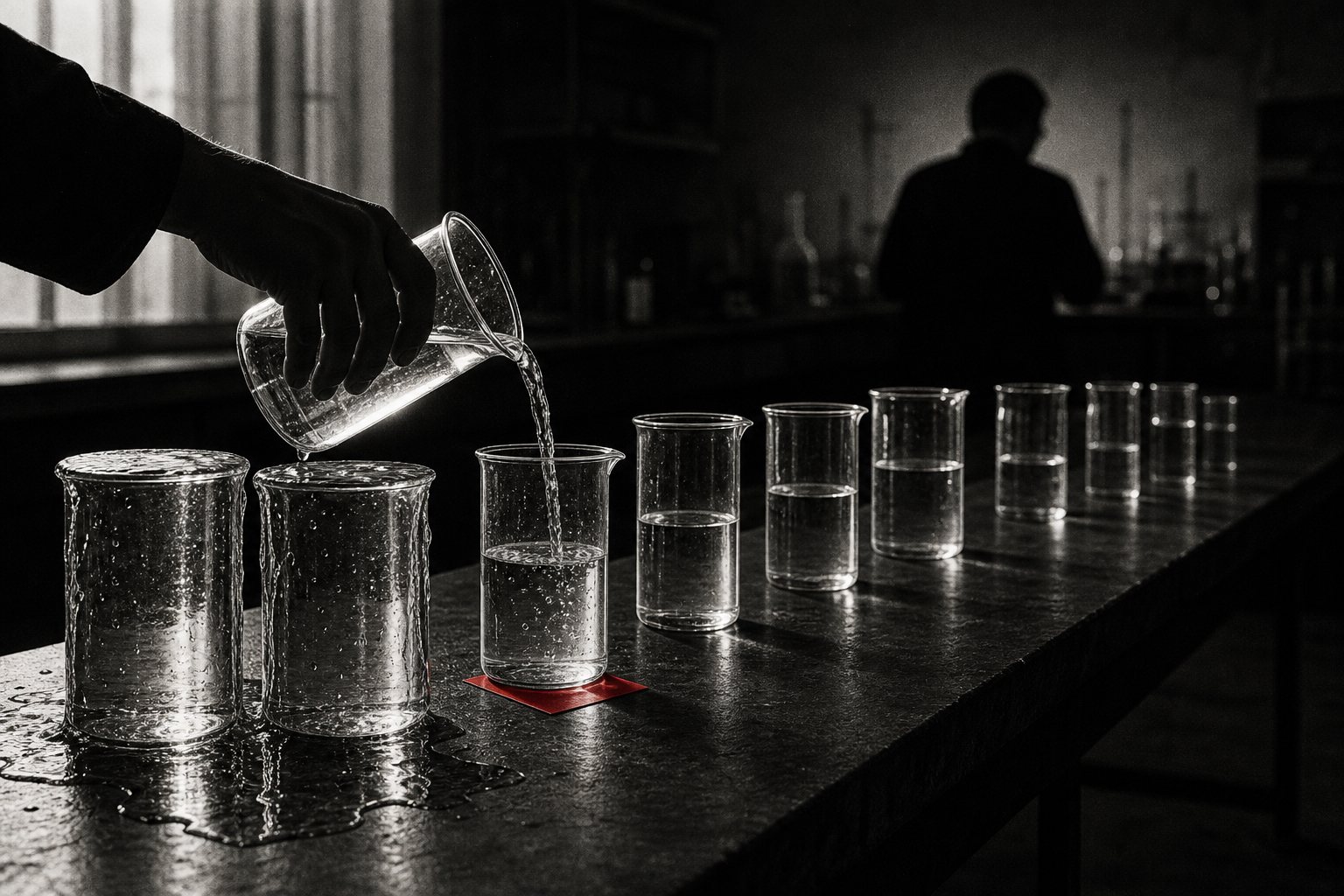 Black-and-white photo of a hand pouring water from an overflowing glass beaker into a half-empty one along a row of beakers on a lab bench, with a small red square beneath the beaker being filled.