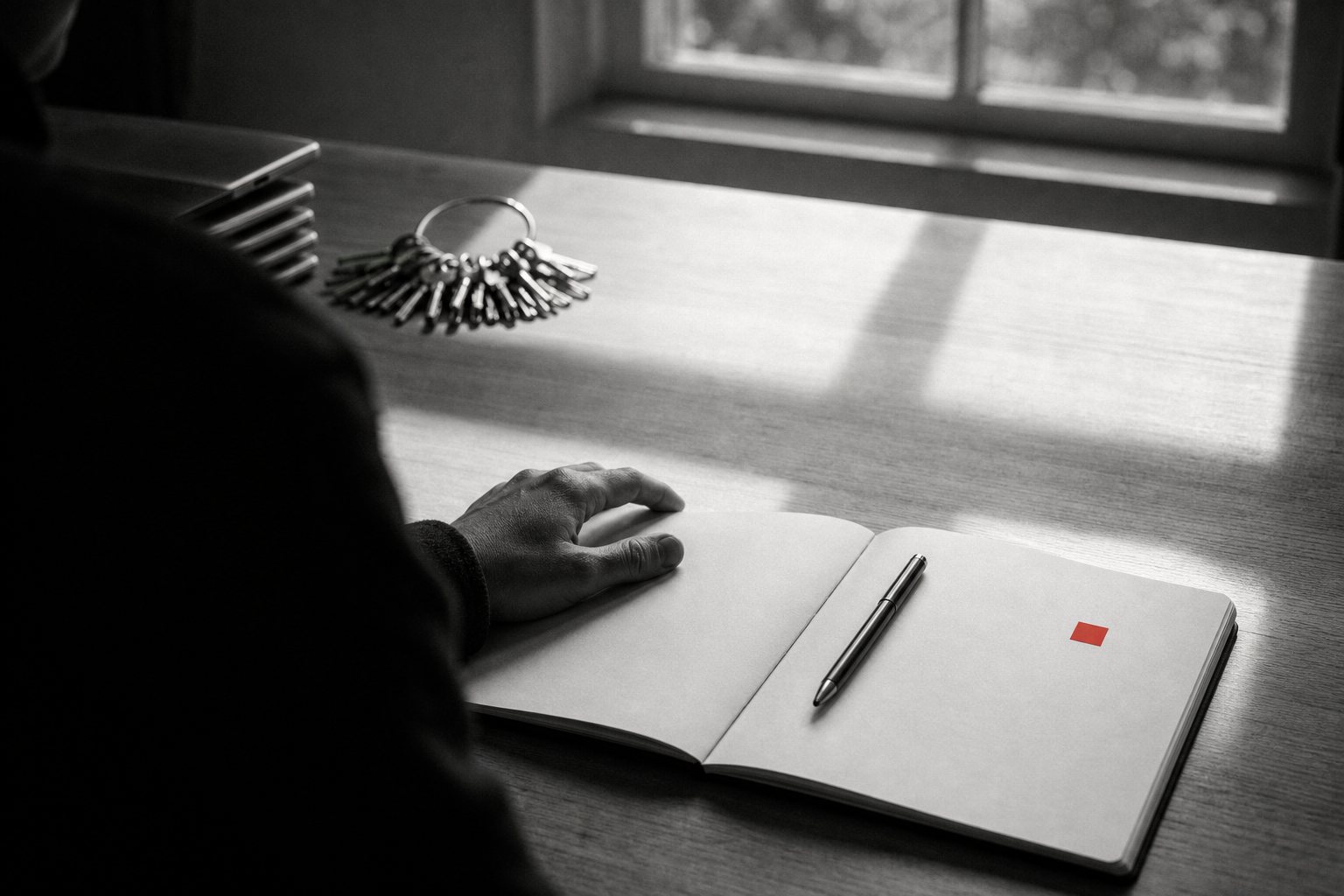 Black-and-white photo of a hand resting on a blank open notebook with a pen and a small red sticky note, while a ring of keys and a stack of closed laptops sit pushed to the far edge of the desk.