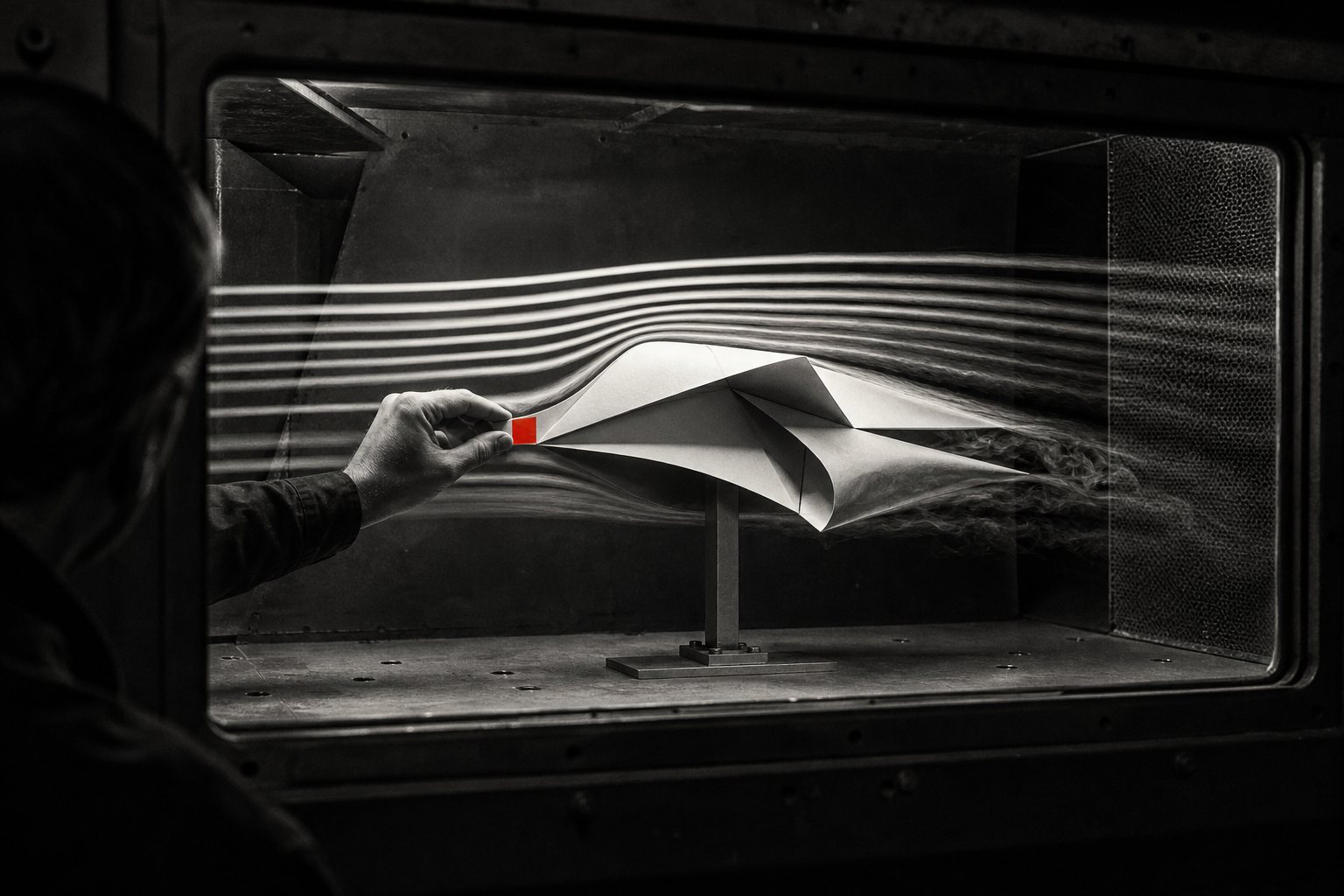 Black-and-white photo of a bold folded-paper sculpture being tested in a wind tunnel as smoke streams flow over it, while a hand adjusts its leading edge, marked with a small red square.