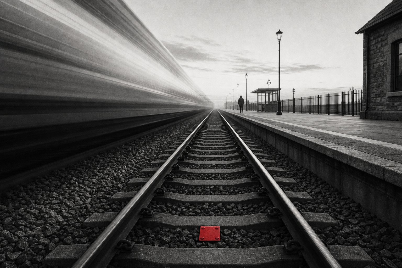 Black-and-white long-exposure photo of a train blurring past an empty station platform while the rails stay sharp and straight, with a small red plate fixed between them in the foreground.