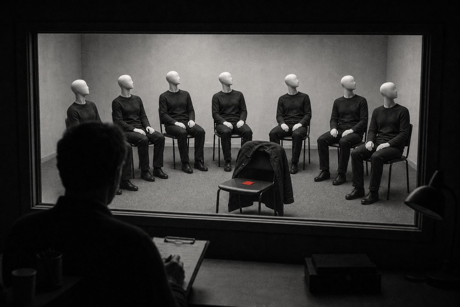 Black-and-white photo through a one-way mirror of identical dressed mannequins seated in a focus-group circle around one empty chair holding a real coat and a small red card, watched by a researcher seen from behind.