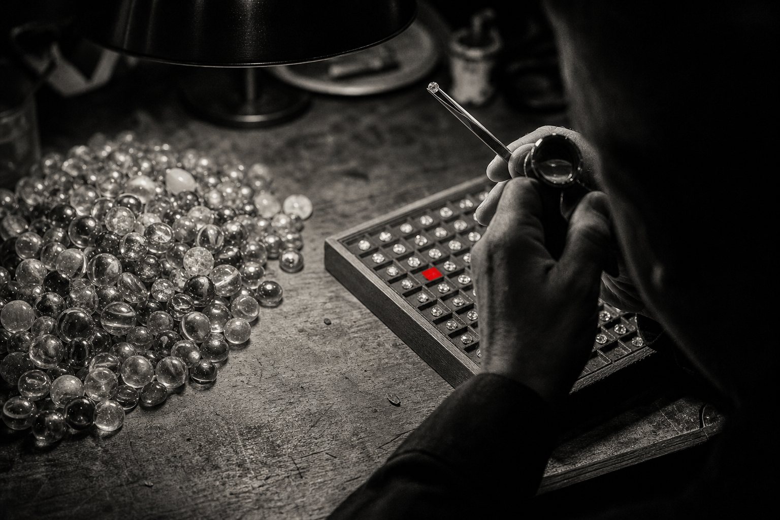 Black-and-white photo of a jeweller using a loupe and tweezers to inspect one tiny gemstone above a sorted tray of small stones, next to a heap of large glass marbles, with a small red square marking the empty slot.