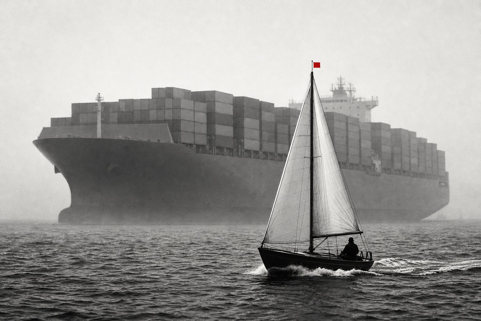 Black-and-white photo of a small sailboat with a red pennant cutting across a misty harbour in front of a towering container ship.