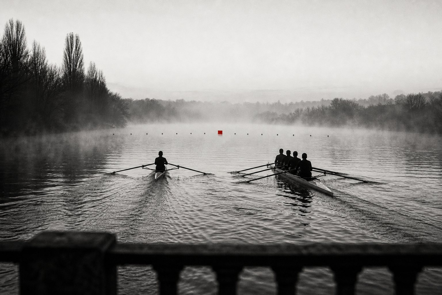 Black-and-white photo from a bridge of a single sculler and a four-person crew rowing side by side through river mist towards a line of buoys with one small red marker.