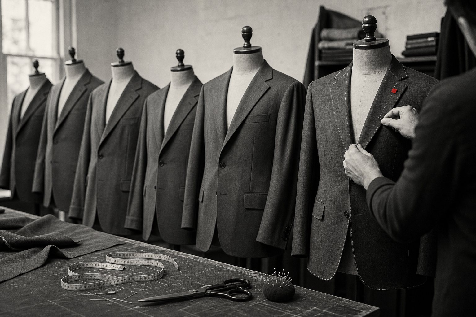 Black-and-white photo of a row of tailor's mannequins wearing similar jackets while a tailor pins and chalks one altered jacket to fit, marked with a small red tag on its lapel.
