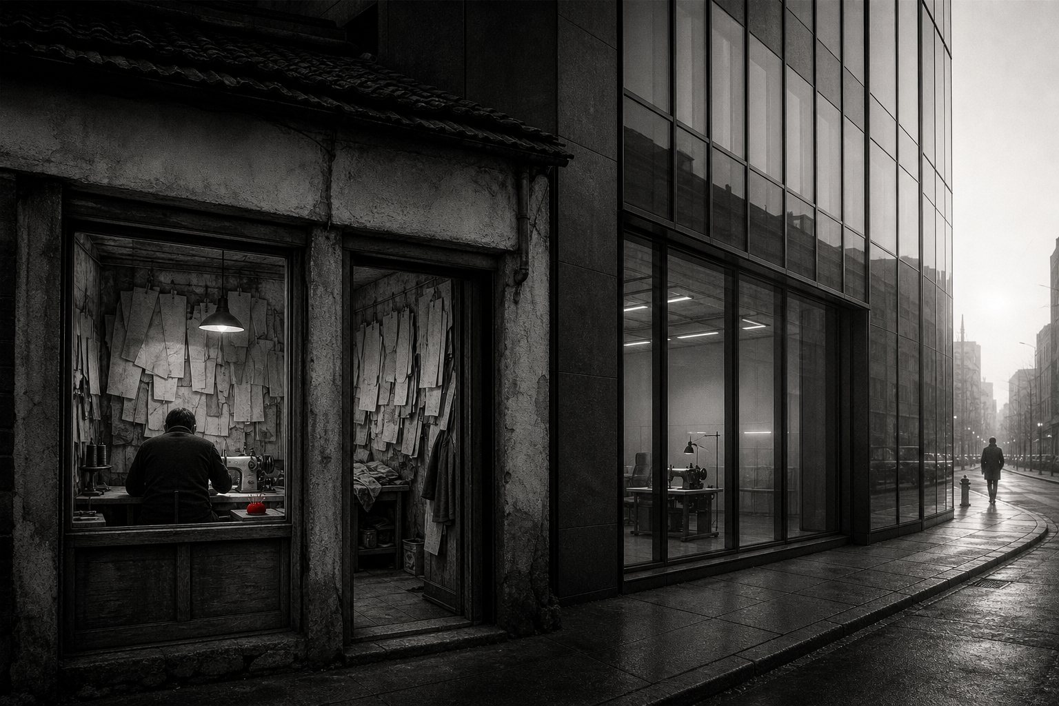 Black-and-white street scene of a tiny tailor's workshop lined with paper patterns beside a glass office tower, the same sewing machine visible in both windows and a small red pincushion on the tailor's bench.