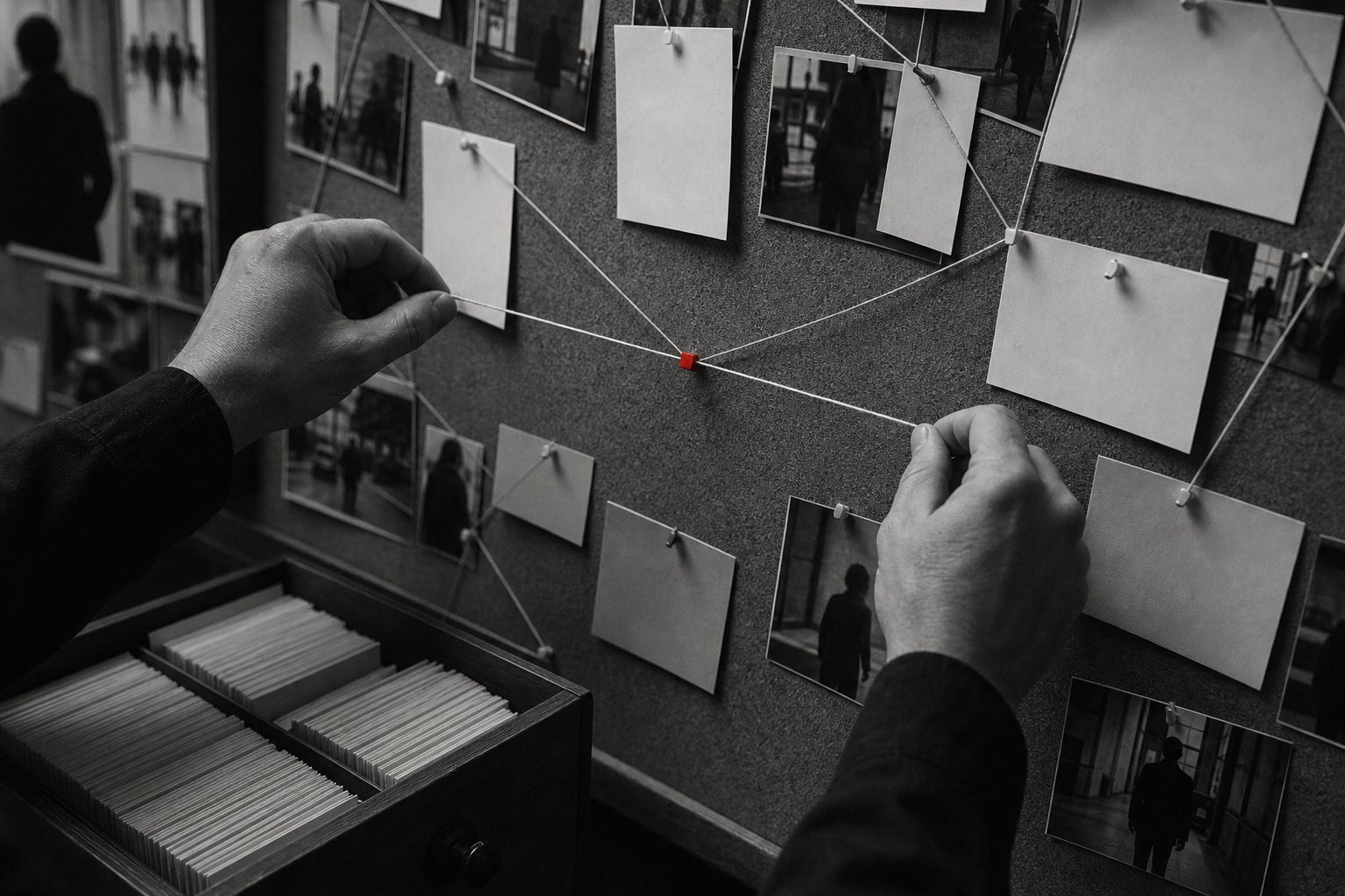 Black-and-white photo of hands pulling a string taut across a cork board of photographs, a red pin at the point of greatest tension, beside an open drawer of neatly sorted index cards.