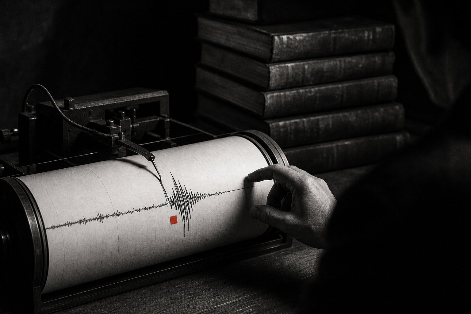 Black-and-white photo of a seismograph drum recording a sudden spike, marked with a red square, as a hand reaches toward it in front of a stack of dusty closed volumes.