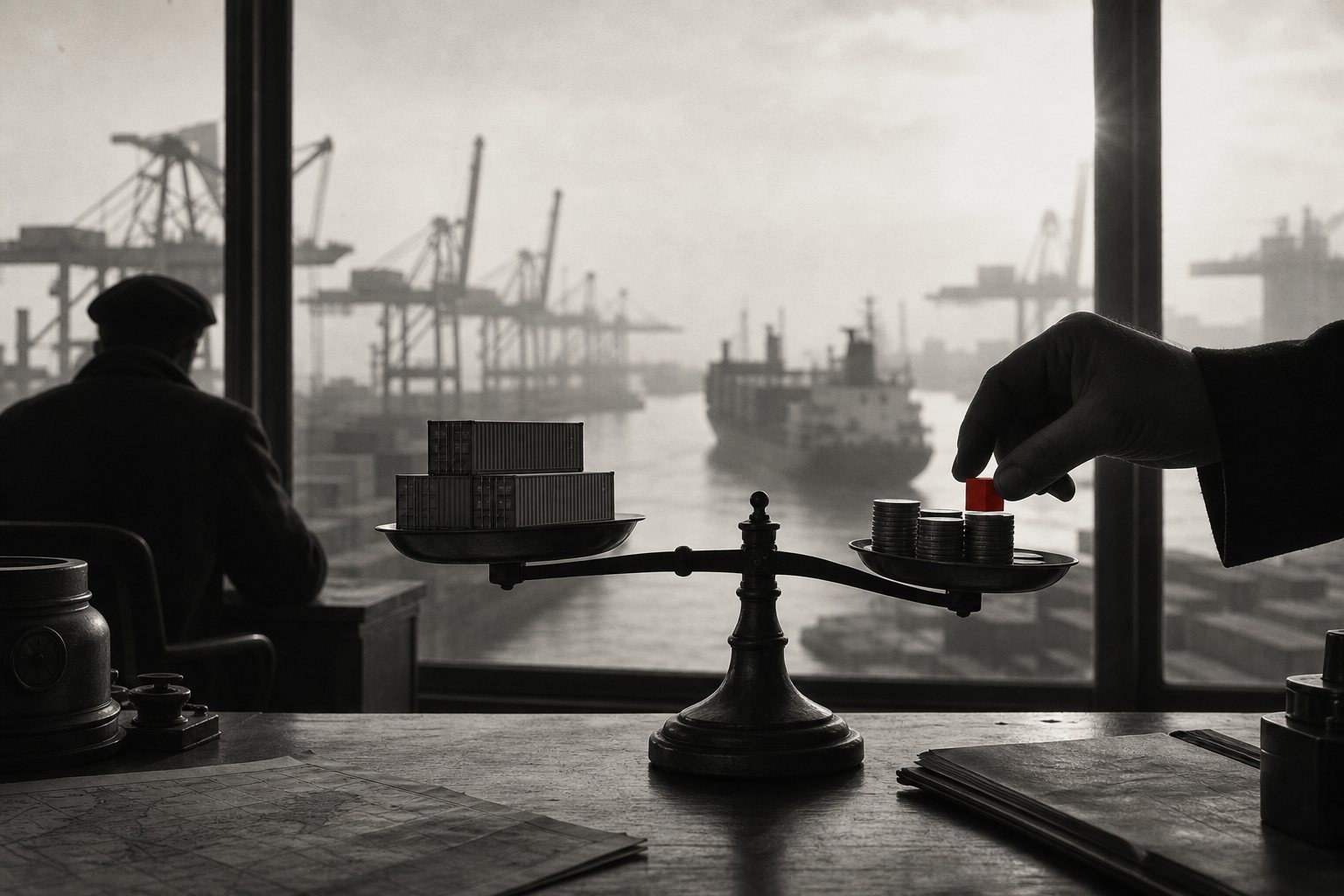 Black-and-white photo of a hand adding a red square weight to a balance scale holding model shipping containers and coins, in front of a window overlooking a container port.