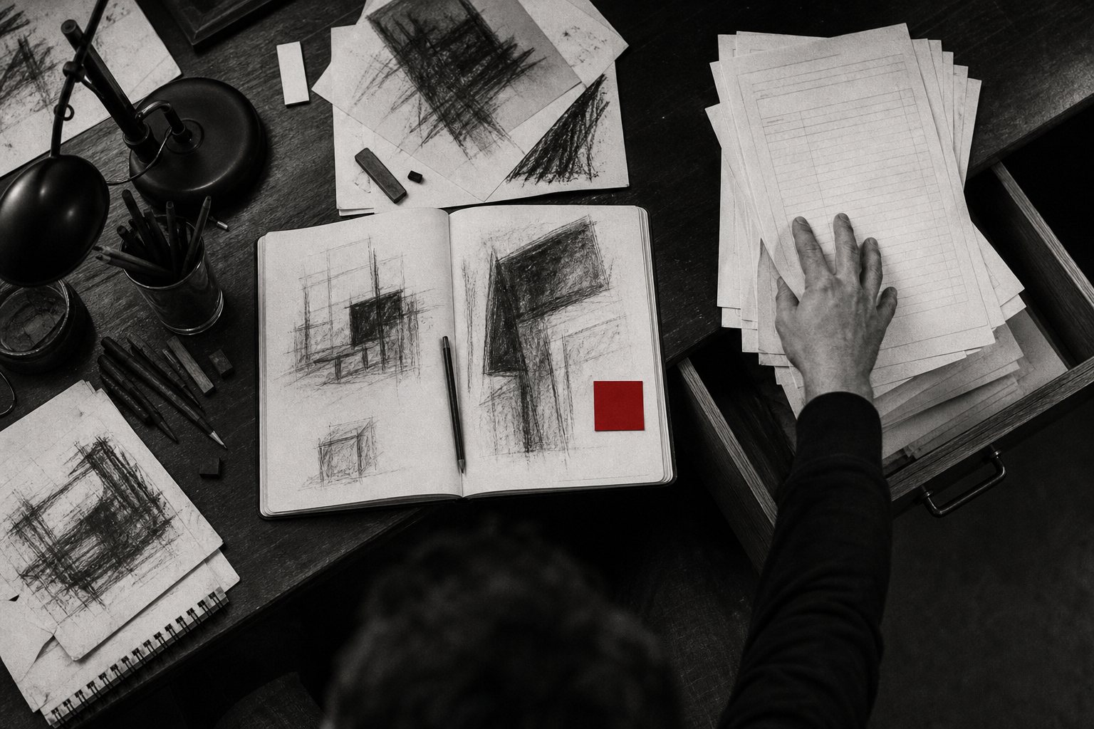 Overhead black-and-white photo of a hand sweeping a pile of blank forms into a drawer, clearing space around an open sketchbook of charcoal drawings with a red note tucked inside.