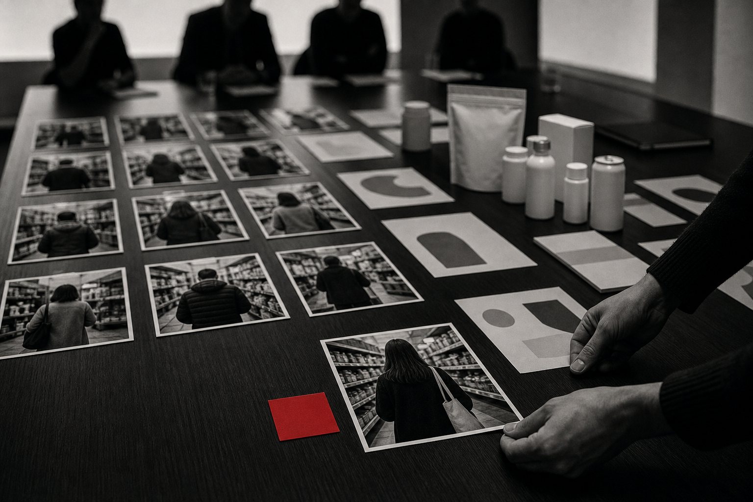 Black-and-white photo of a boardroom table laid out like evidence with photos of shoppers, plain packaging and abstract social posts, a presenter placing a final photo beside a red square marker.