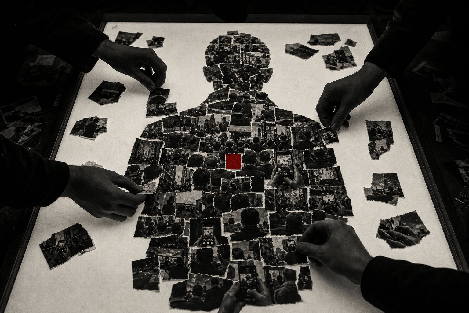 Black-and-white photo of hands on a light table assembling torn fragments of crowd and phone photographs into the silhouette of a person, with a red square fragment at its centre.