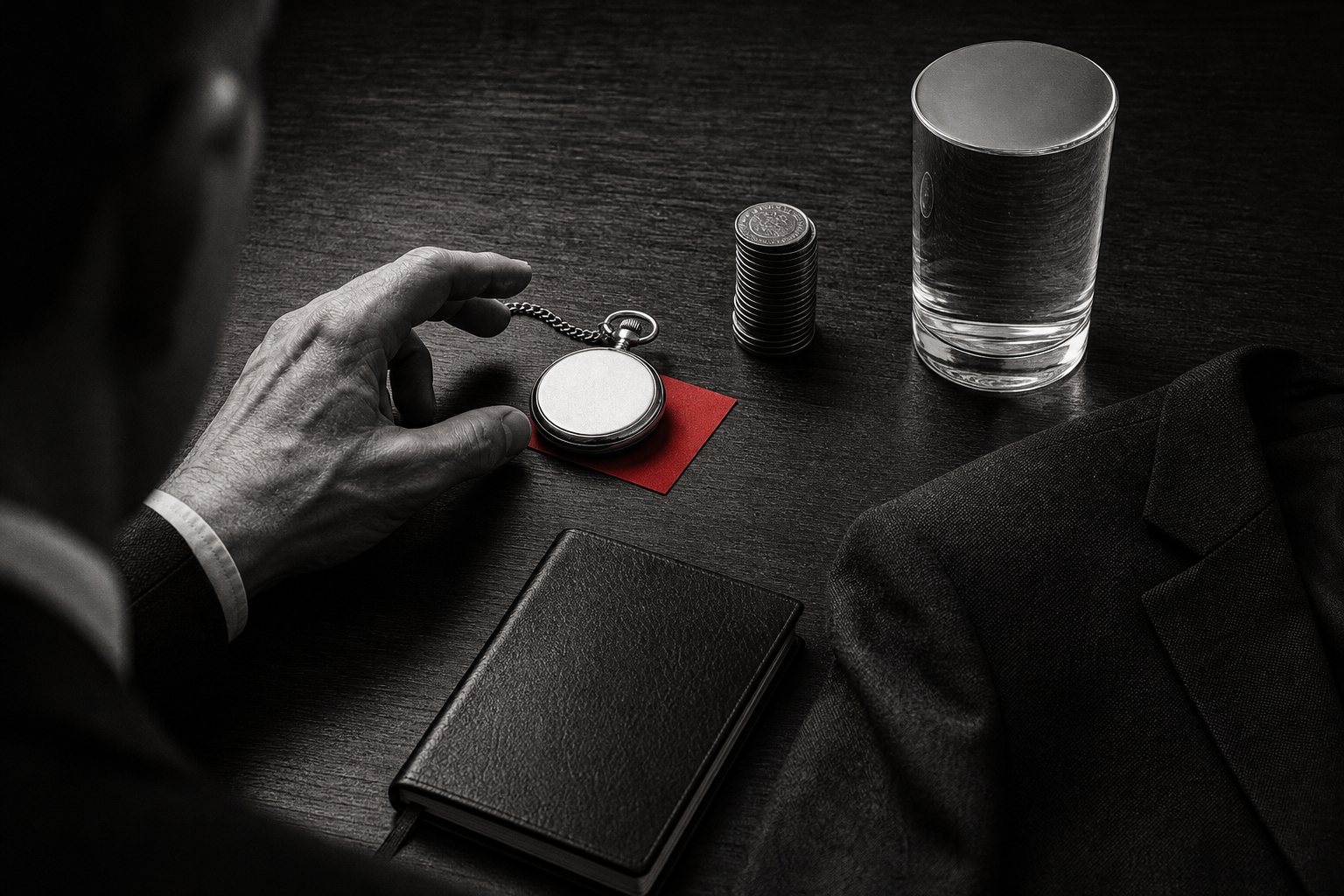 Black-and-white still life of a decision-maker's desk with a pocket watch resting on a red square card, a stack of coins, a full glass of water, a notebook and a suit jacket.