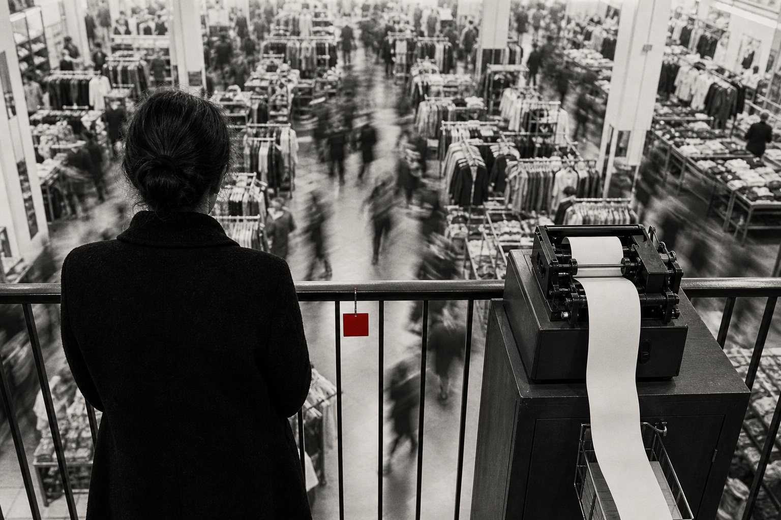 Black-and-white photo of a figure seen from behind on a mezzanine overlooking a blurred, crowded sale-day store floor, beside a machine feeding out blank paper tape and a red tag on the railing.