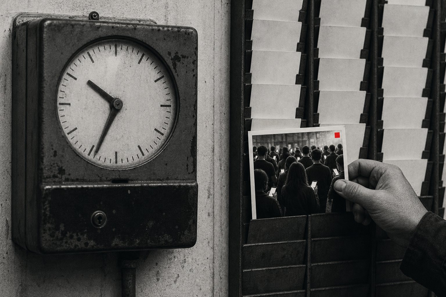 Black-and-white photo of a hand slipping a photograph of a crowd looking at their phones, marked with a small red square, into a rack of blank time cards beside an old punch clock.