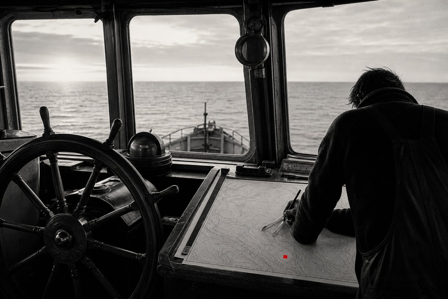 Black-and-white photo of a fishing boat's wheelhouse at dawn: the wheel steers itself on autopilot while the skipper, seen from behind, plots a course on a chart marked with a small red square.