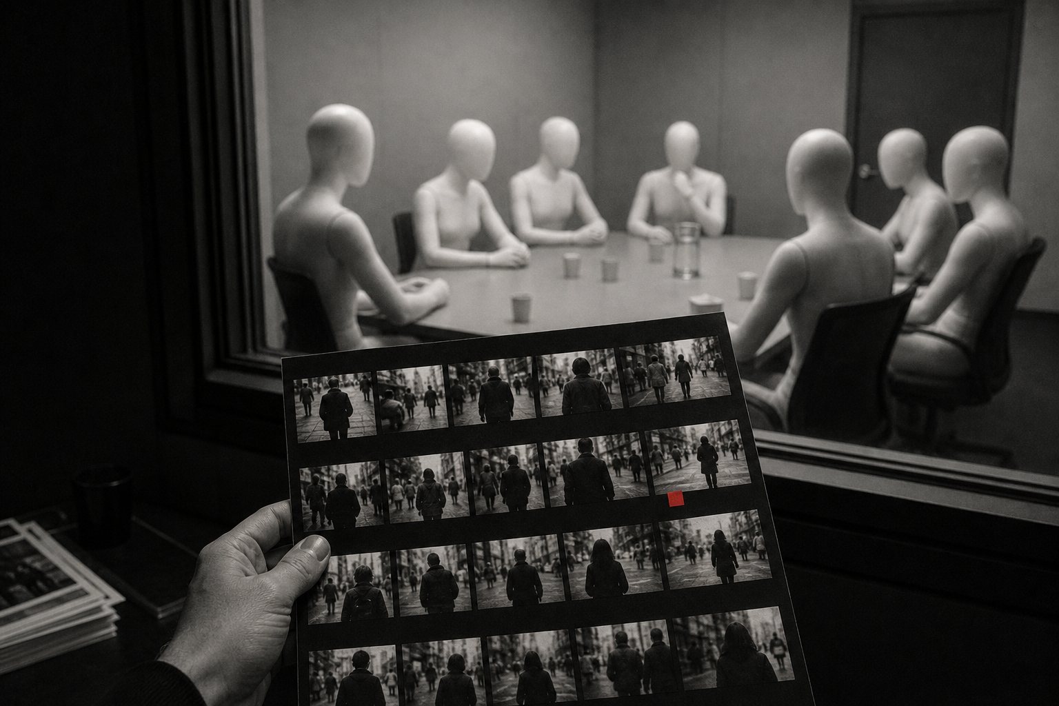Black-and-white photo of featureless white mannequins seated around a focus-group table behind a one-way mirror, while a hand in the foreground holds a contact sheet of real street photographs with one frame marked by a small red square.