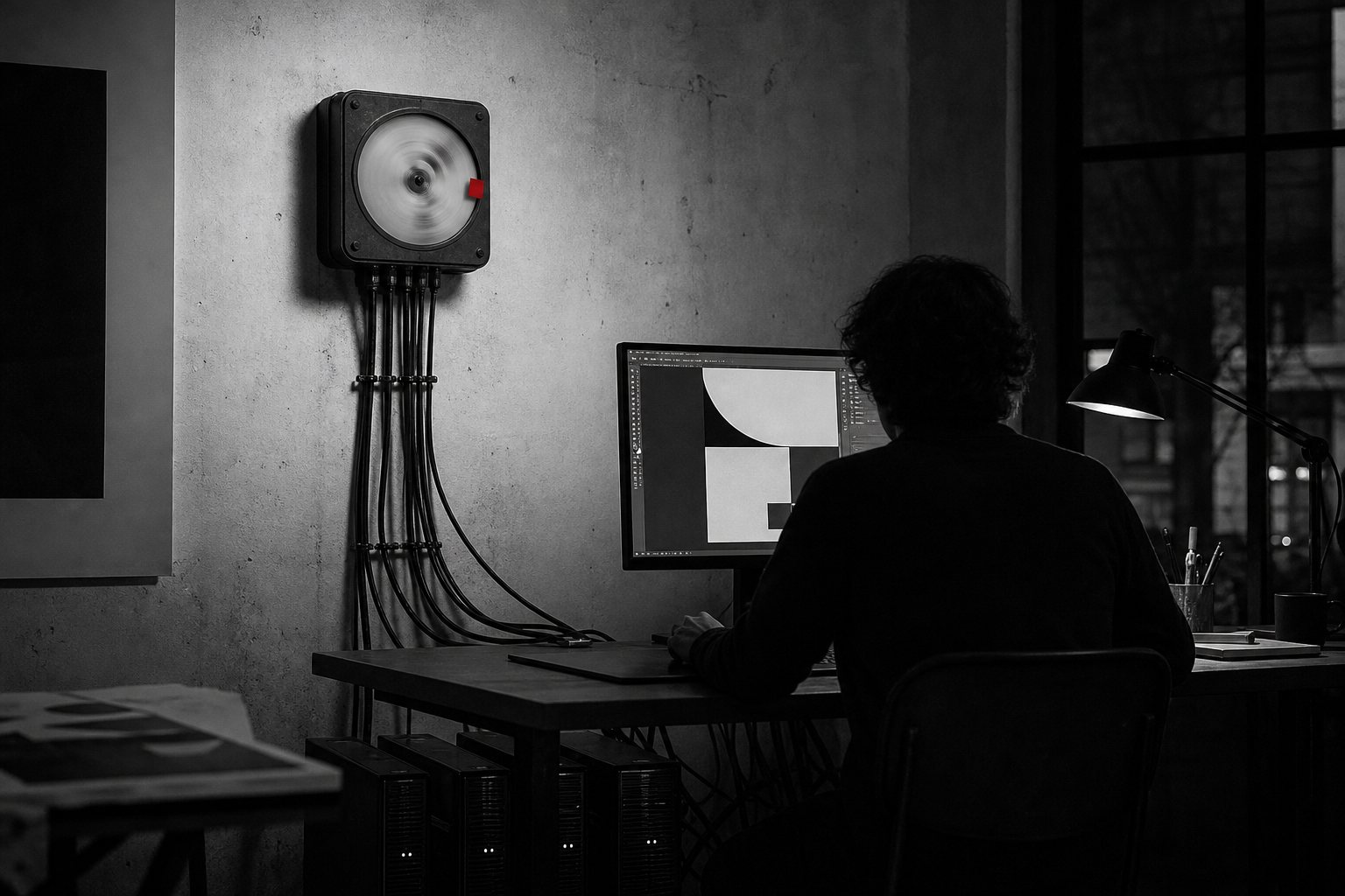 Black-and-white photo of a designer working late at a desk while an electricity meter on the wall spins, cables running down to computer towers, with a small red tab on the meter's disc.