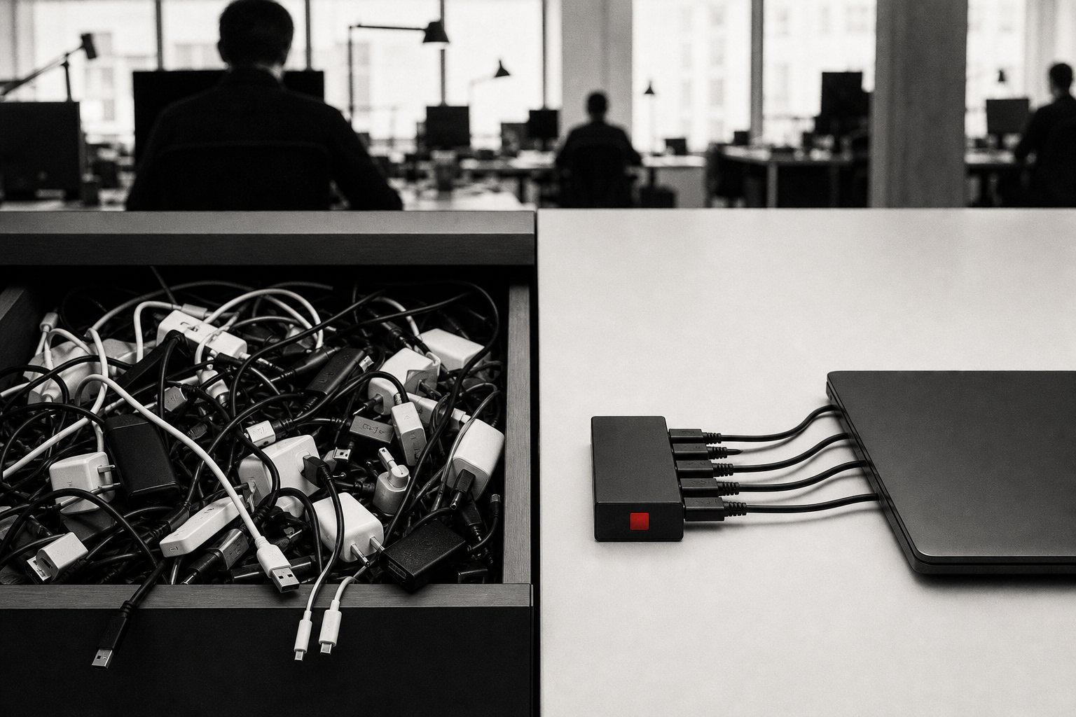 Black-and-white photo of an office desk with a drawer overflowing with tangled chargers and adapters on one side and, on the other, a single tidy connector hub with a small red button linked to a closed laptop.