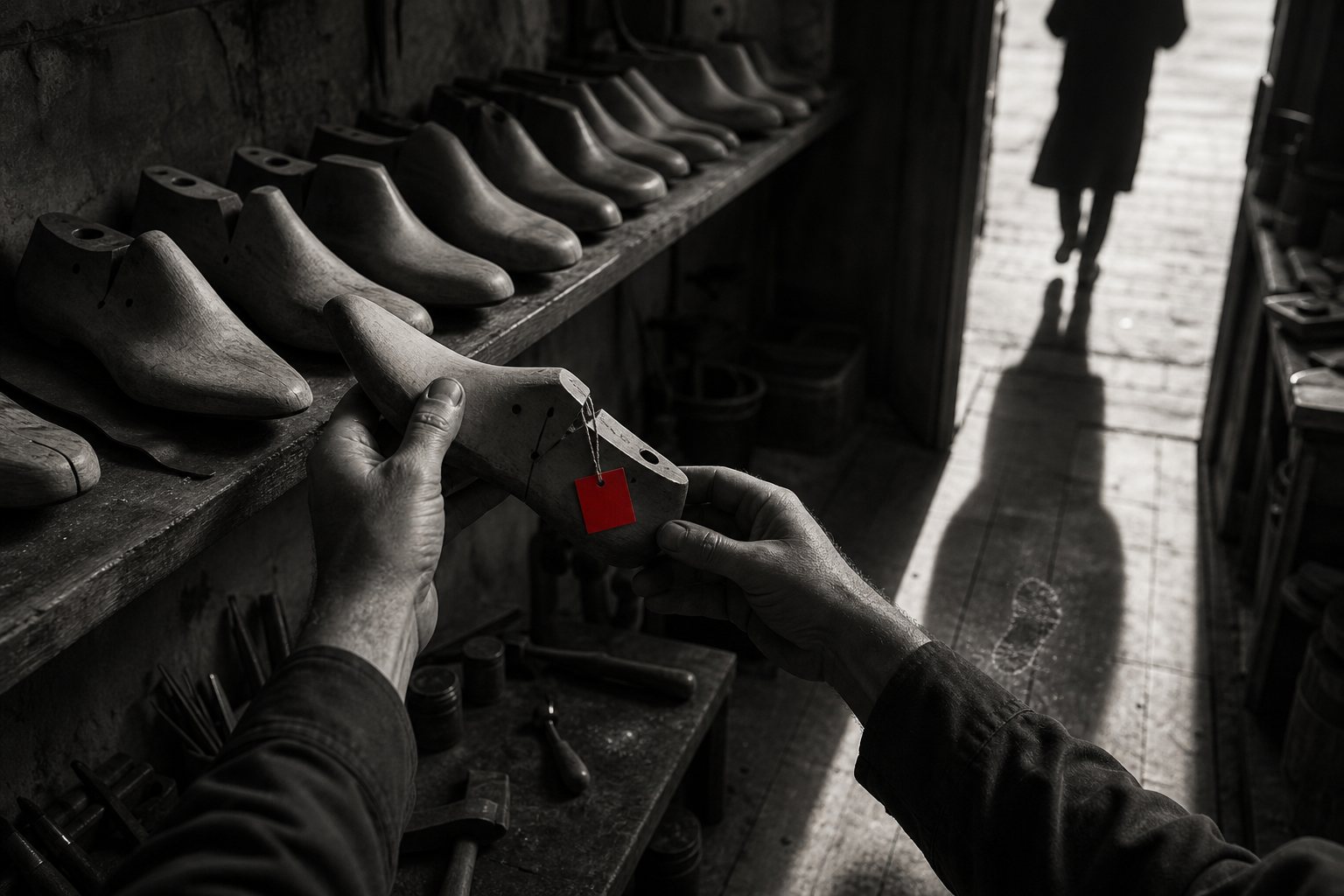 Black-and-white photo of a cobbler's hands taking a wooden shoe last with a small red tag from a shelf of lasts, as a new customer's shadow falls through the doorway beside a faint chalk footprint.