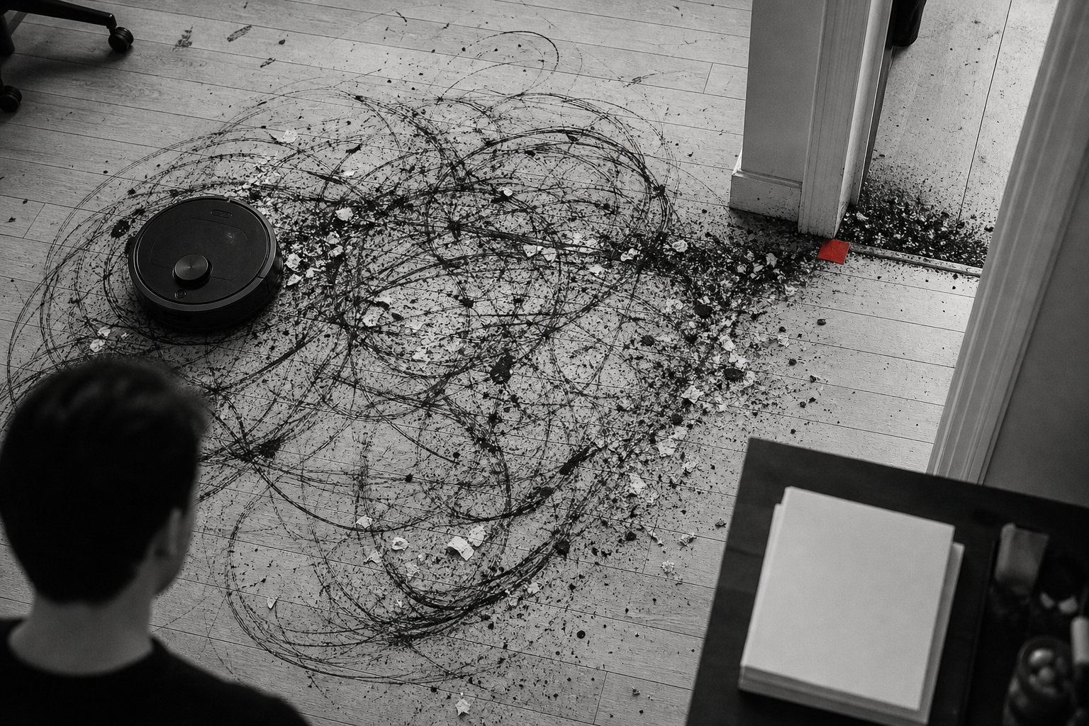 Black-and-white overhead photo of a robot vacuum that has smeared ink and shredded paper in loops across a studio floor, the mess piling up at a doorway marked by a small red square of tape.