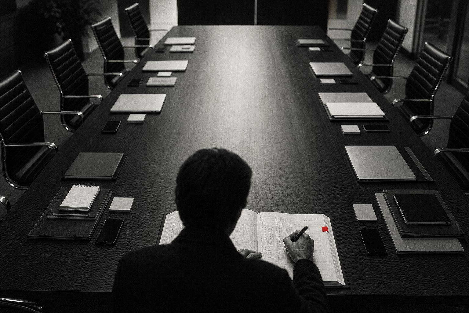 Black-and-white photo of a long boardroom table with separate piles of notebooks, phones and laptops at each empty seat, while a person seen from behind copies notes into one shared ledger with a small red bookmark.