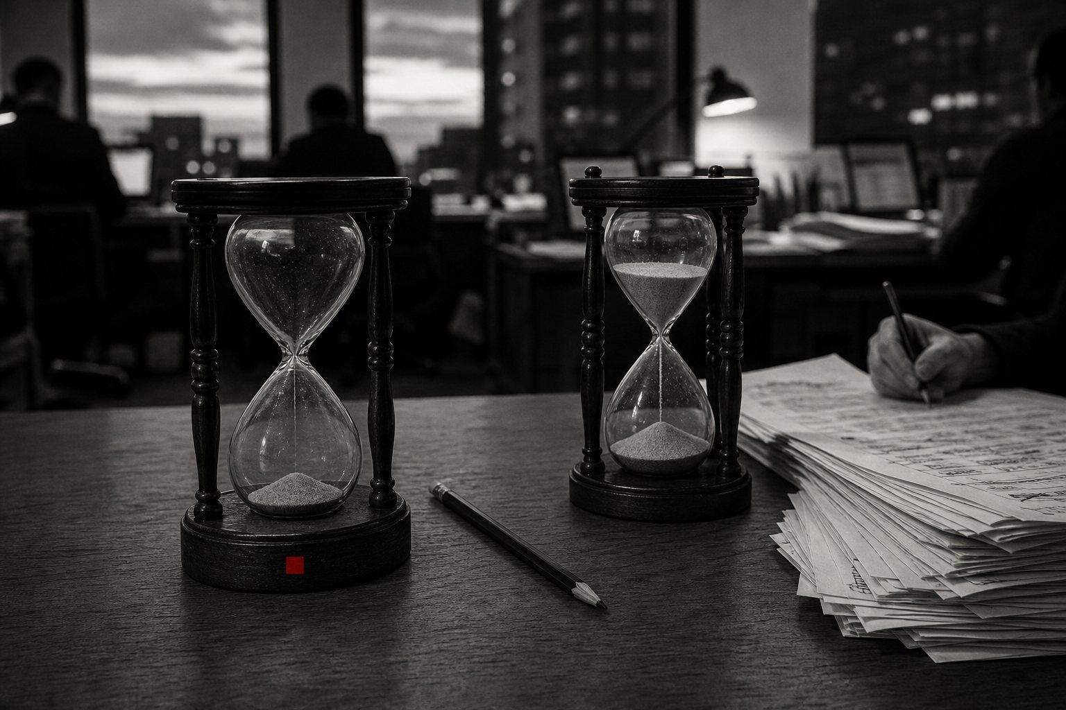Black-and-white photo of two hourglasses on a desk: the left one, marked with a small red square, has run out while the right one is still pouring beside a pile of report pages being corrected by hand.