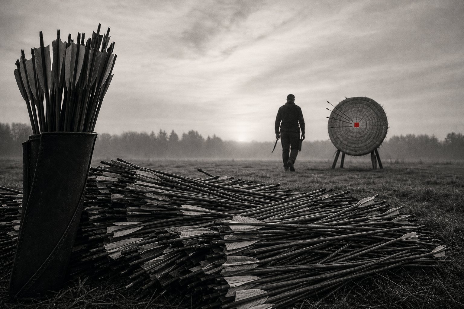 Black-and-white photo of a huge heap of spent arrows and a full quiver in the foreground, with an archer walking toward a distant straw target that has only a few arrows near its small red centre.