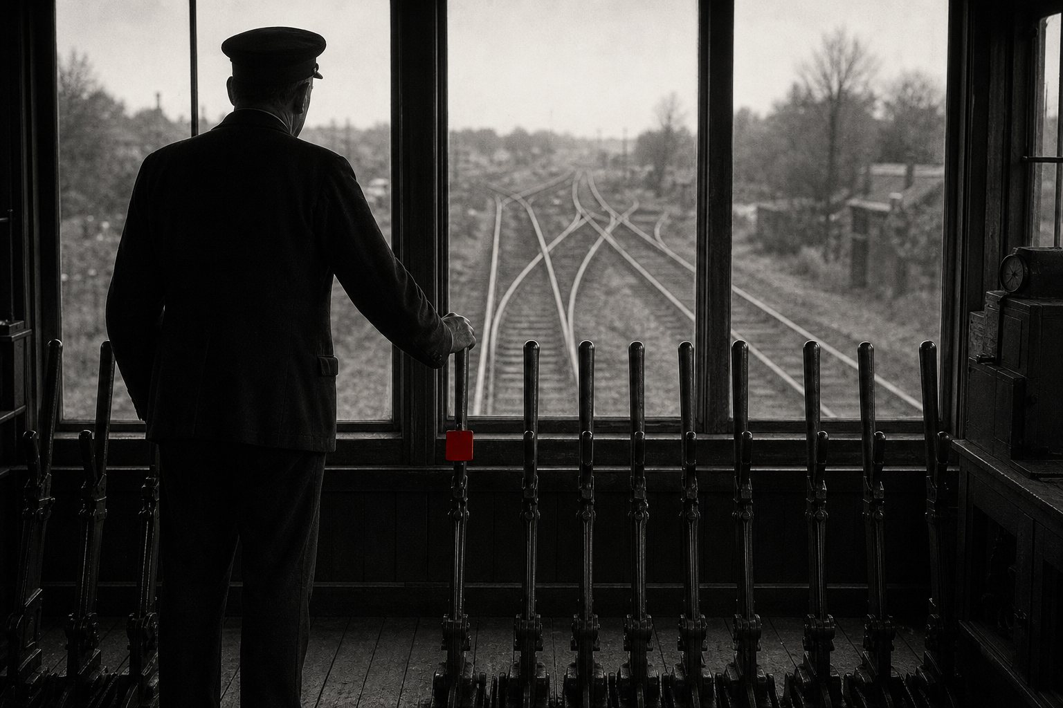 Black-and-white photo of a signalman seen from behind resting his hand on one lever marked with a small red plate, looking out at railway tracks that split into several branches.